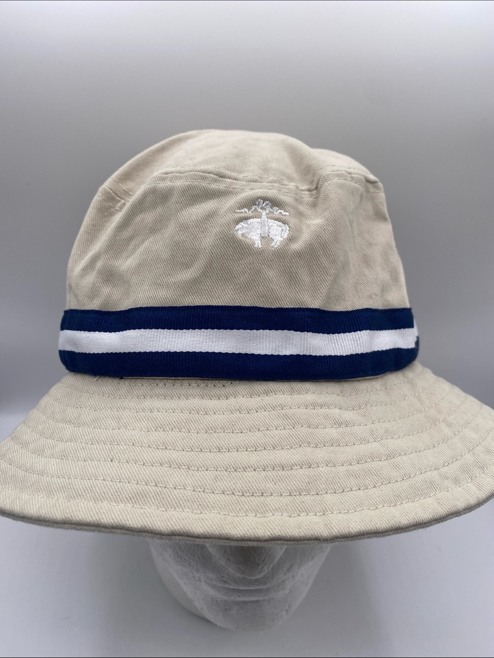 Brooks Brothers Embroidered Golden Fleece Khaki Bucket Hat w Navy/White Striped